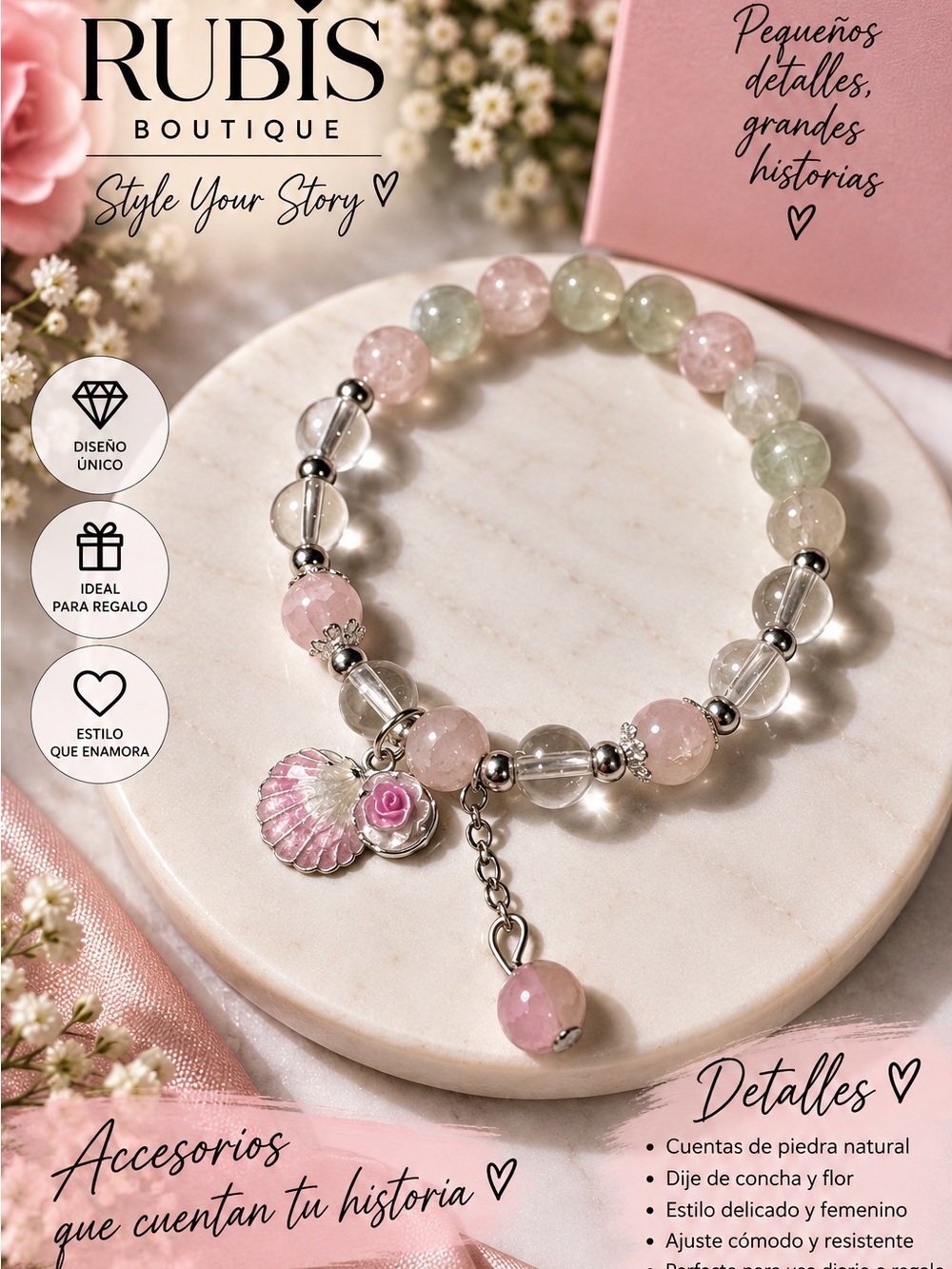 Pink & Clear Beaded Shell Charm Bracelet